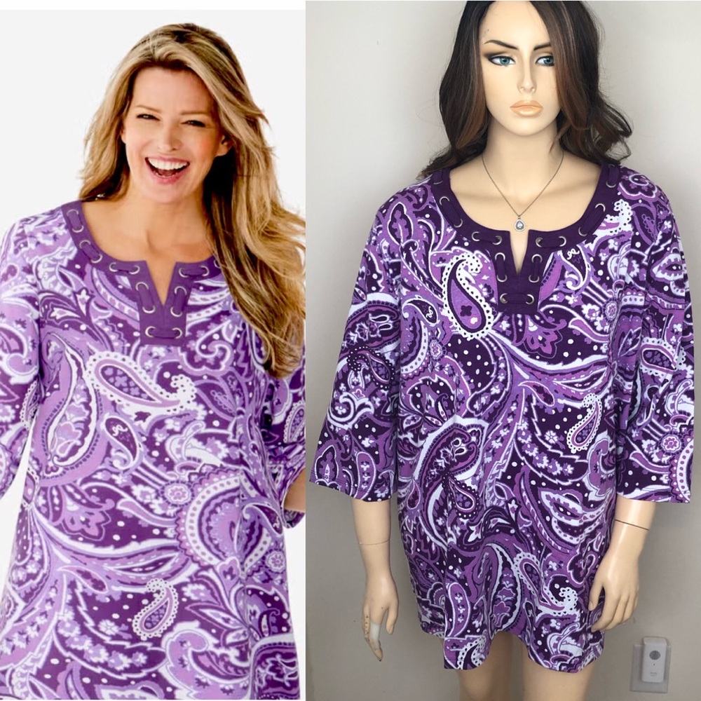 Woman Within 4X Paisley Purple White 3/4 Sleeve Casual Fairy Tunic Shirt Top